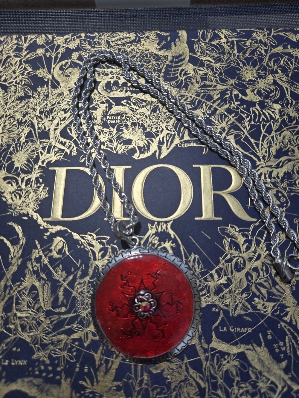 Y2k Large Red Tribal Silver Tone Pendant with Roap Chain Necklace
